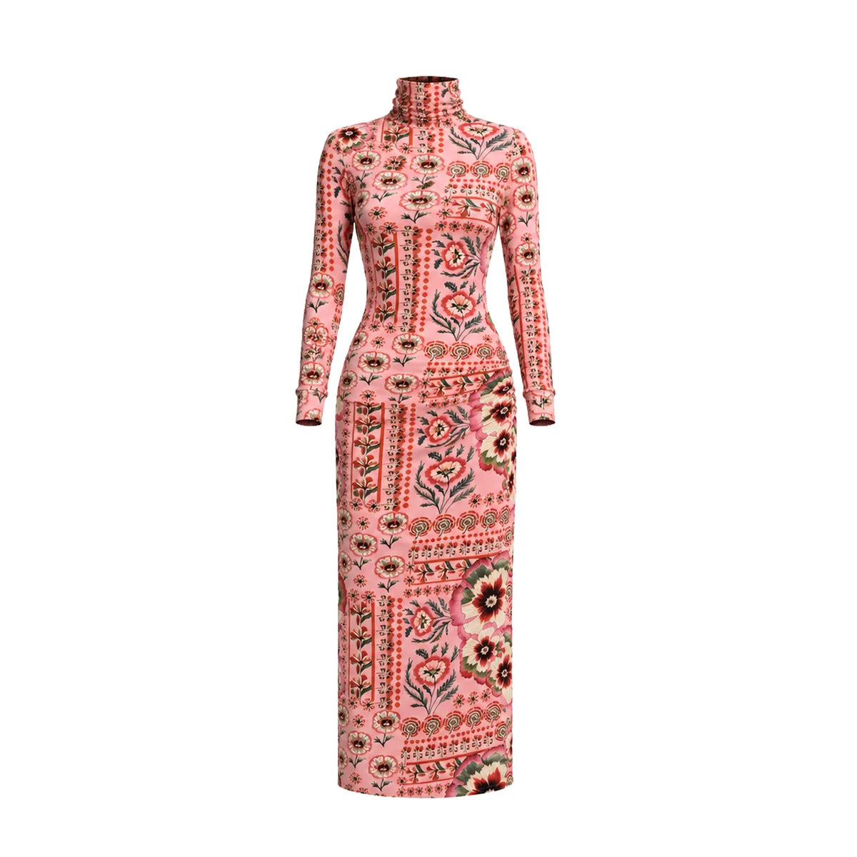 A long-sleeve, high-neck maxi dress with a pink base and an intricate multicolor patchwork-style floral and geometric pattern, shown on a plain white background.