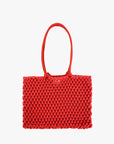 Red woven handbag on a white background