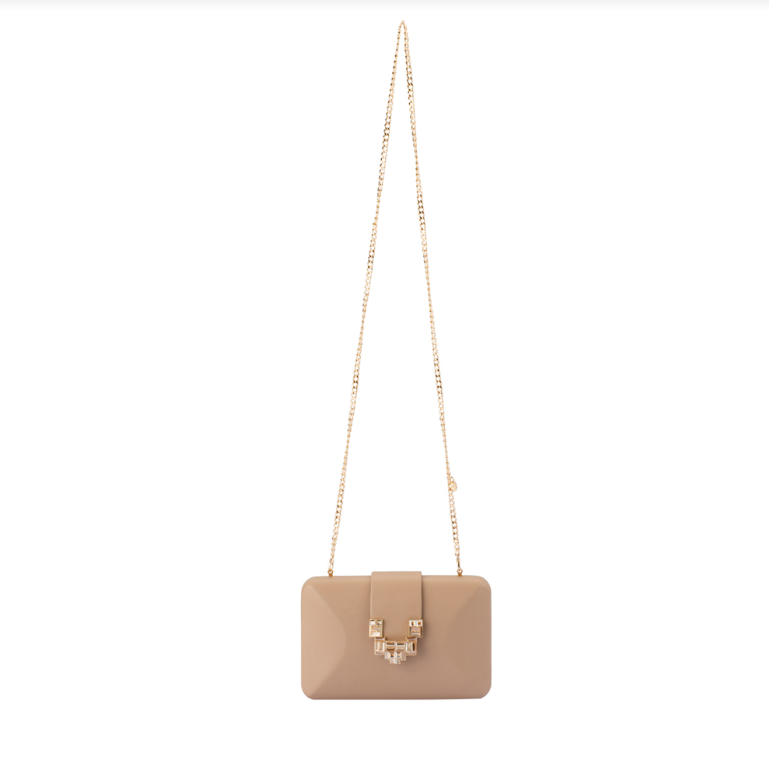 Beige handbag with a gold chain on a white background