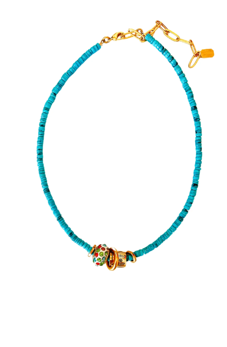 Turquoise beaded necklace with a colorful clasp on a white background