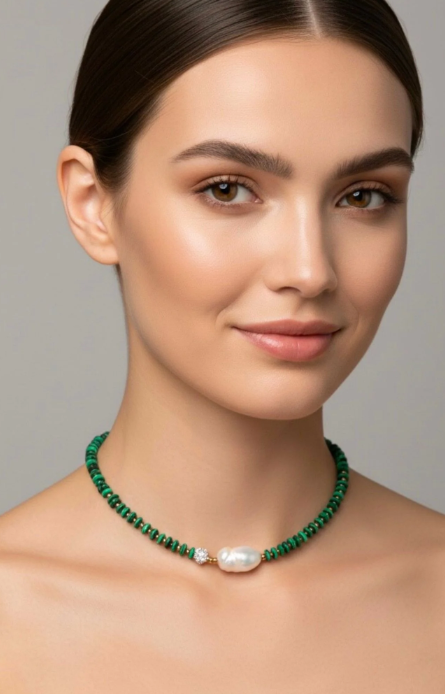 Woman wearing a green beaded necklace with a pearl pendant against a gray background