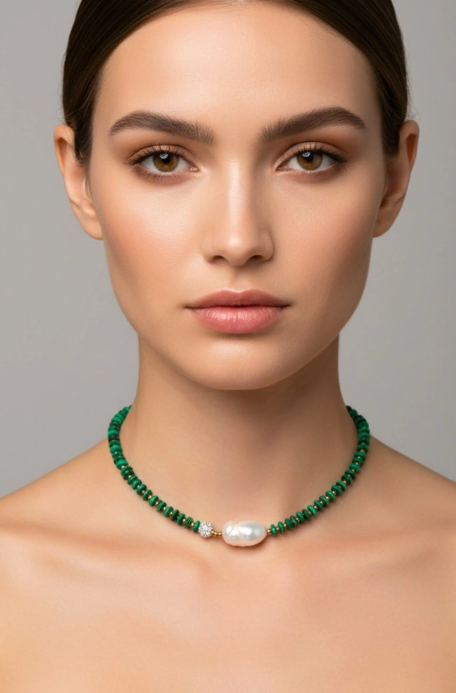 Woman wearing a green beaded necklace with a pearl pendant against a neutral background