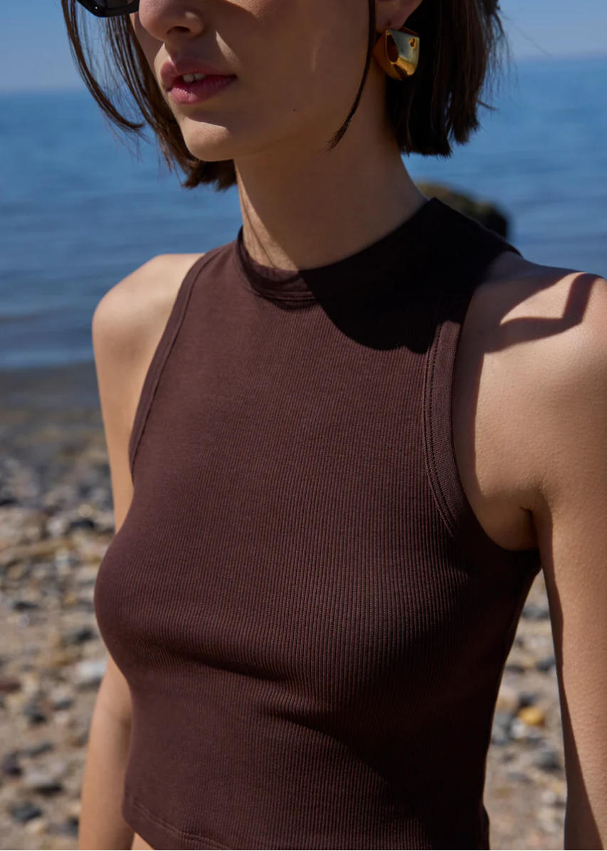The Cropped Not So Basic Tank in Chocolate close up front/side