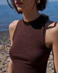 The Cropped Not So Basic Tank in Chocolate close up front/side