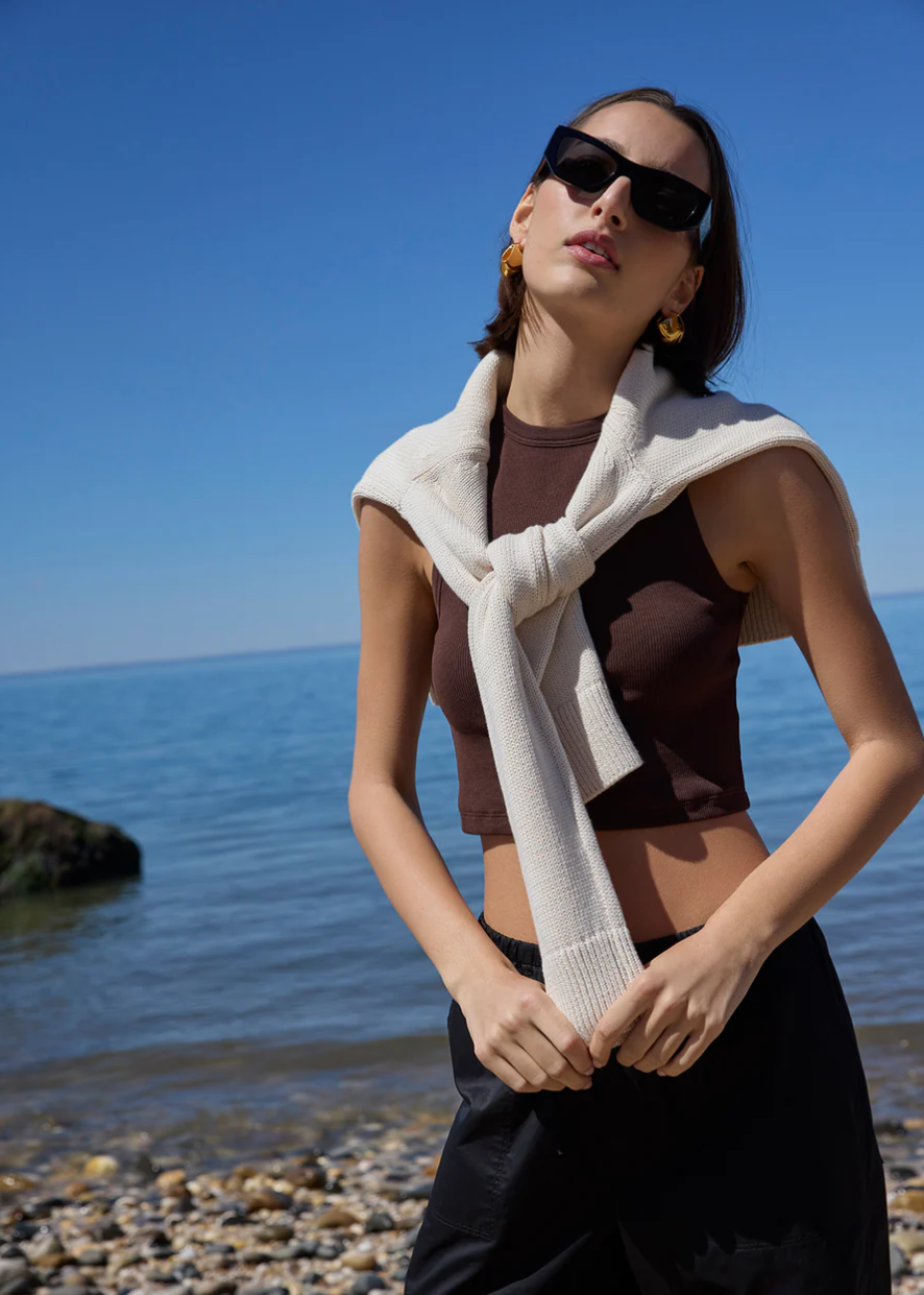 The Cropped Not So Basic Tank in Chocolate with sweater over shoulders