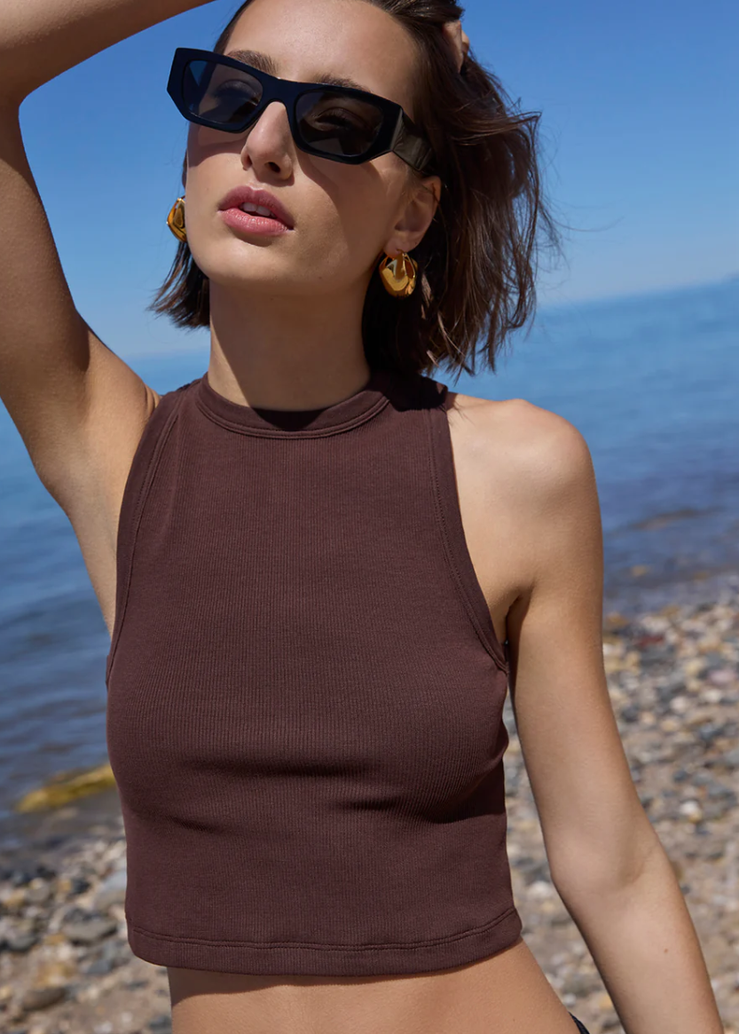The Cropped Not So Basic Tank in Chocolate front close up