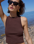 The Cropped Not So Basic Tank in Chocolate front close up