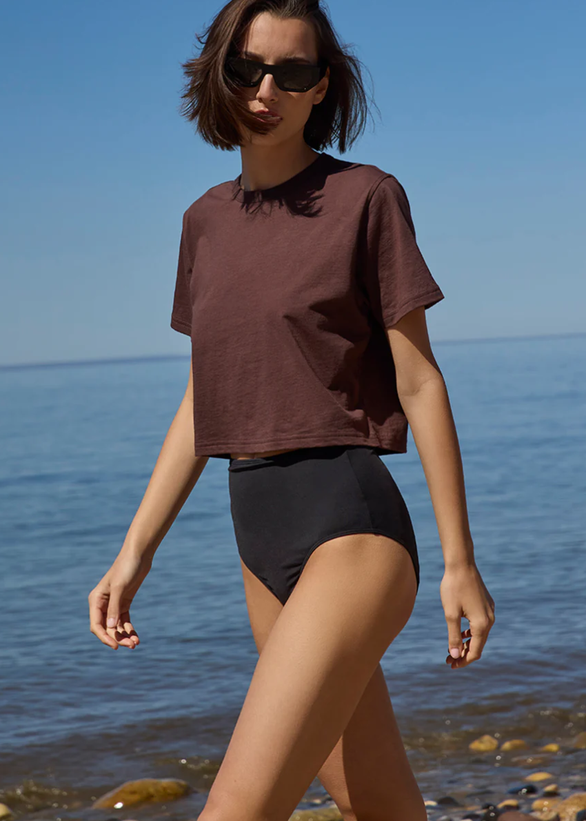 The Cropped Perfect Tee in Chocolate front/side
