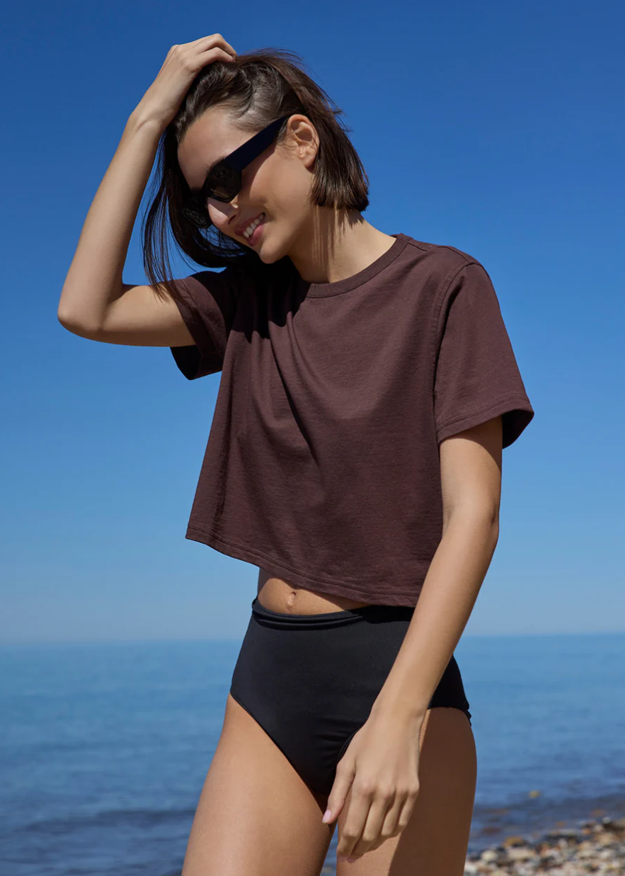 The Cropped Perfect Tee in Chocolate side view