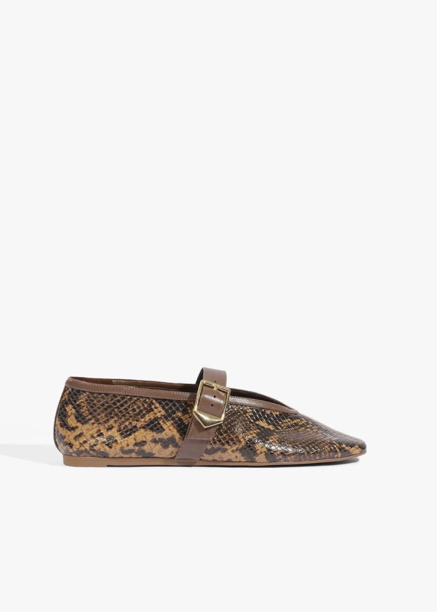 A single brown and tan snakeskin-patterned flat shoe with a brown strap and gold-tone buckle across the top, shown in profile against a plain white background.