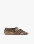 A single brown and tan snakeskin-patterned flat shoe with a brown strap and gold-tone buckle across the top, shown in profile against a plain white background.
