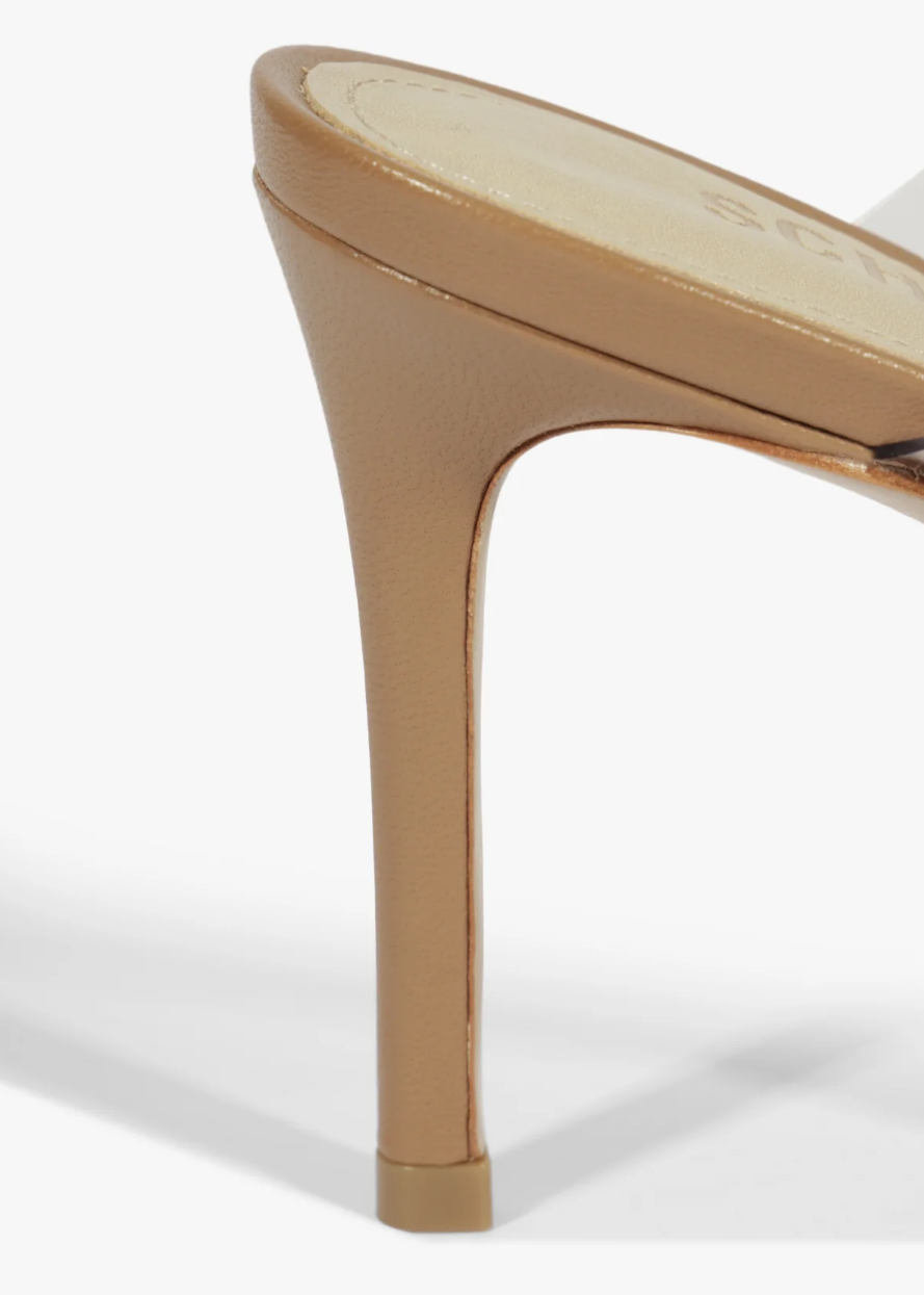 Ariella Clear Strap Heel in Brown heel close up