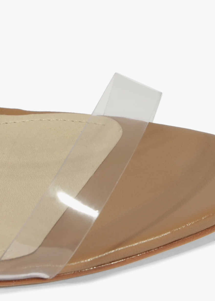 Ariella Clear Strap Heel in Brown toe strap close up