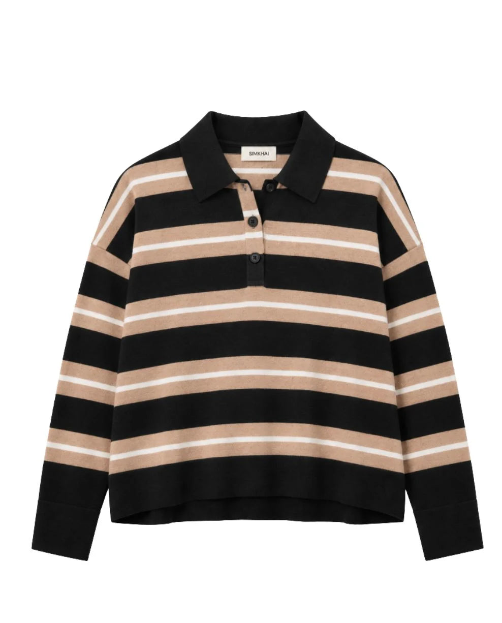 A long-sleeve knit polo sweater with horizontal stripes in black, beige, and white, featuring a black collar and a three-button placket, shown on a plain white background.