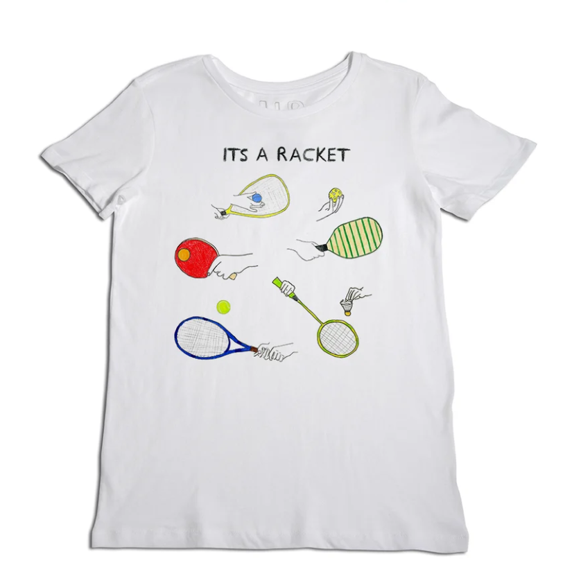 A white short-sleeve crewneck t-shirt featuring a colorful graphic of tennis rackets, a tennis ball, and hands with the text 'ITS A RACKET' printed on the chest.