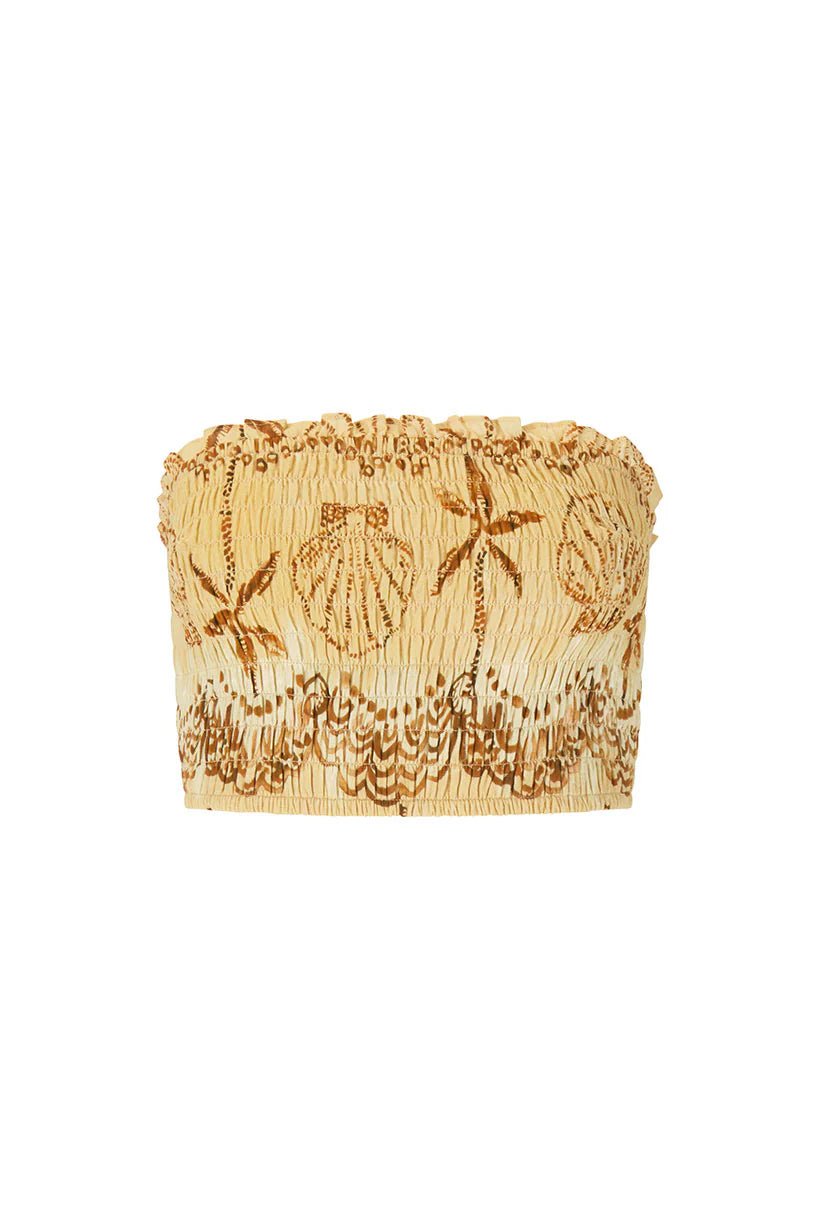 Beige tube top with floral embroidery on a white background