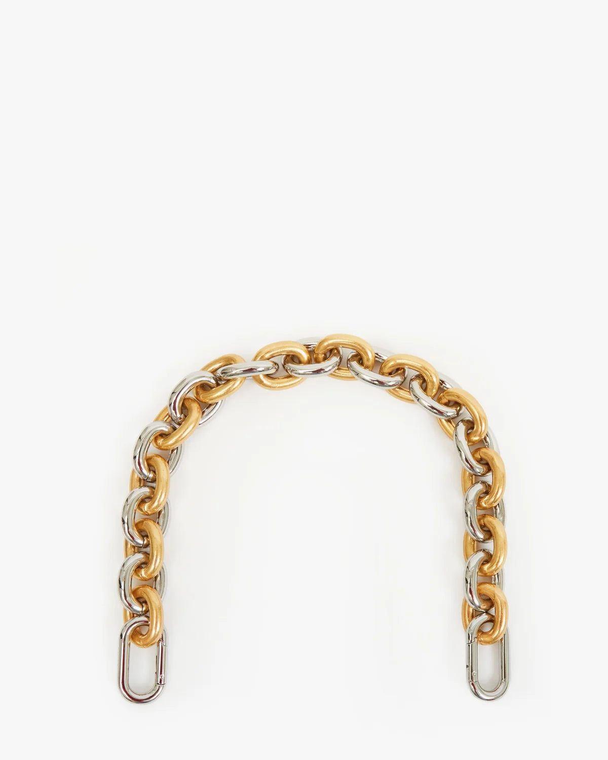 Gold and silver chain bag strap on a white background