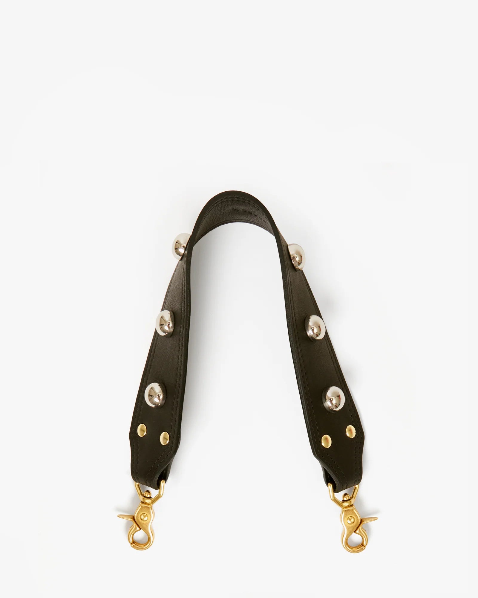 Black leather strap with gold hardware on a white background