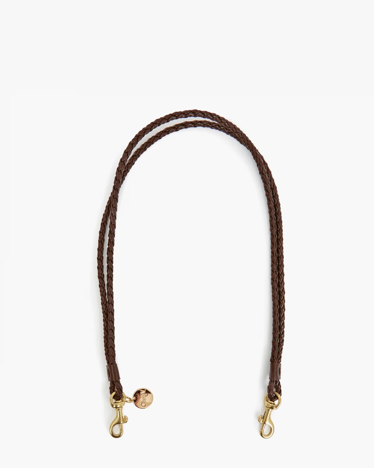 A dark brown braided leather strap with gold-tone metal hardware, including two snap hooks and a small round charm, displayed on a clean white background.