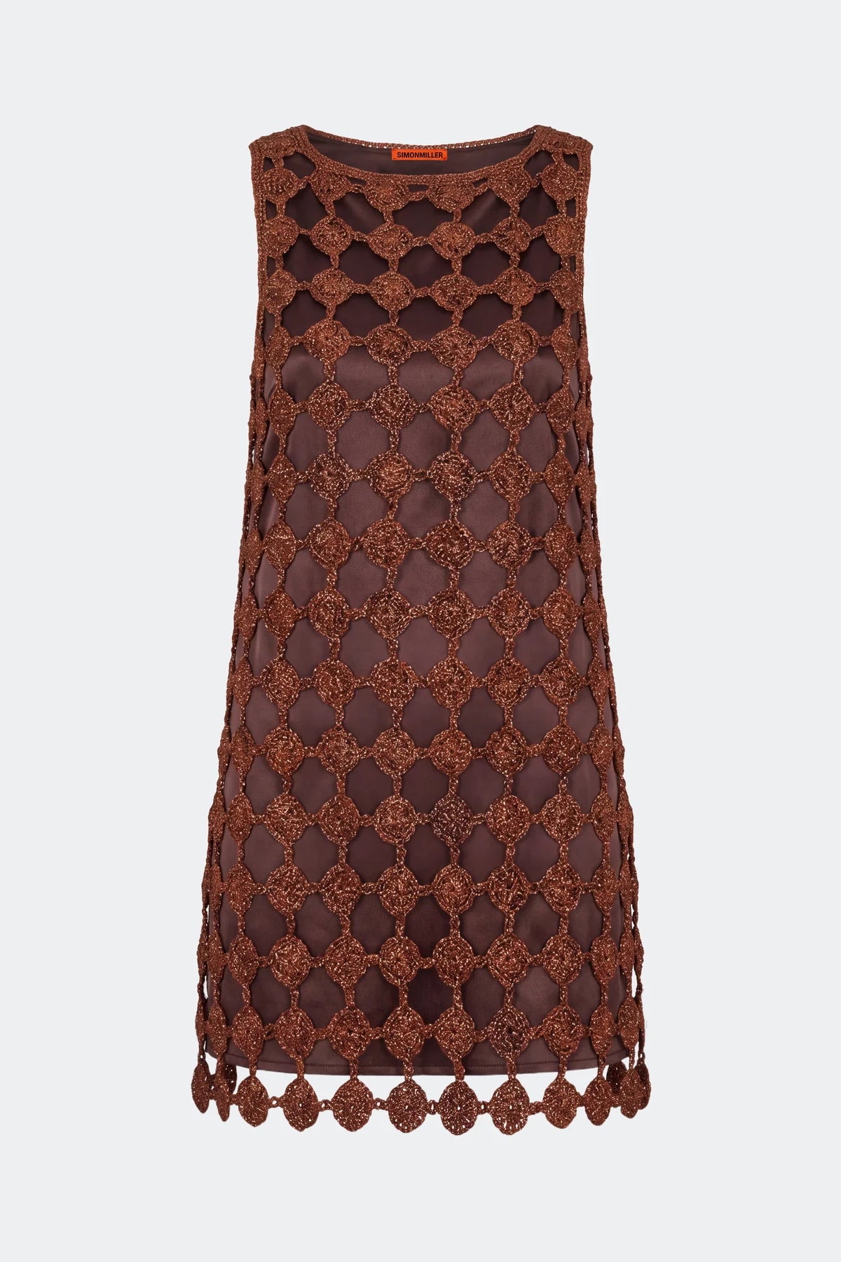 A sleeveless brown crochet lace dress with an open geometric pattern and a scalloped tassel hem, shown against a light gray background.