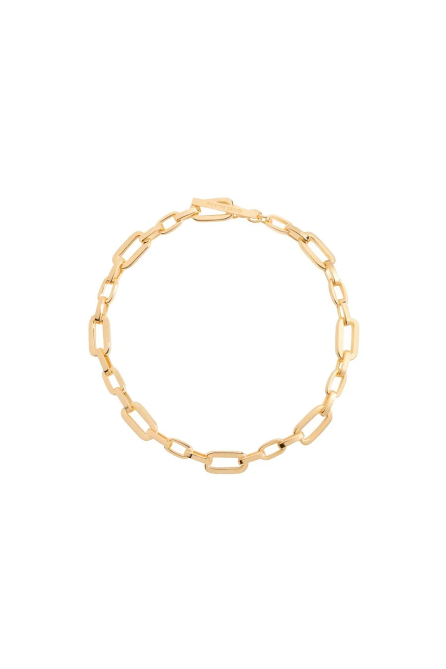 A gold paperclip chain bracelet with a lobster clasp, displayed on a clean white background.