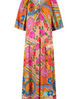 Colorful dress with floral and abstract patterns on a white background, front