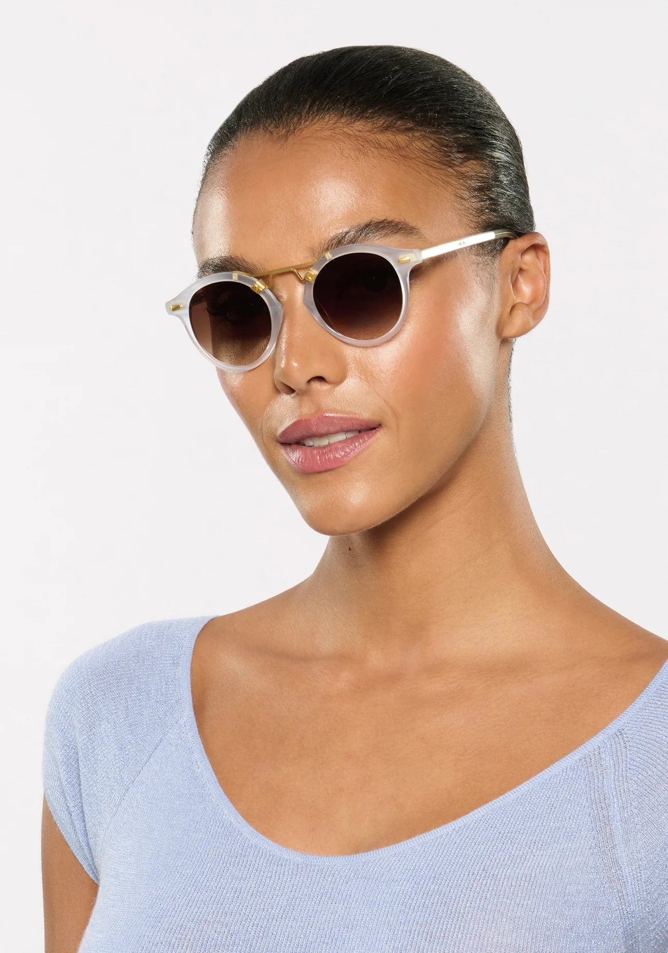 St. Louis Powder Blue 18k Sunglasses on model with average oval face shape