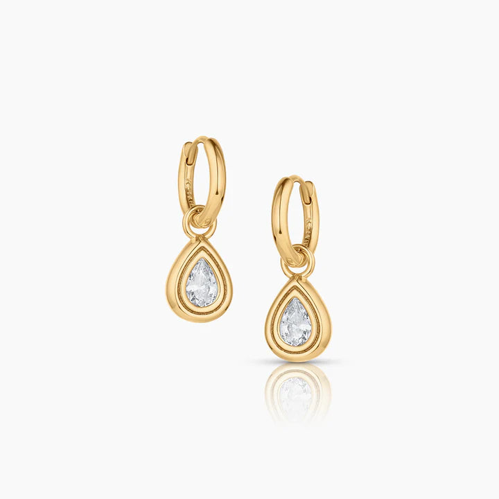 Gold teardrop earrings with clear gemstones on a white background