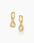 Gold teardrop earrings with clear gemstones on a white background