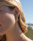 Close-up of a woman wearing gold earrings with a blurred background