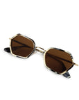 Hexagonal sunglasses with dark brown lenses, gold metal rims, and tortoiseshell-patterned acetate arms on a white background.
