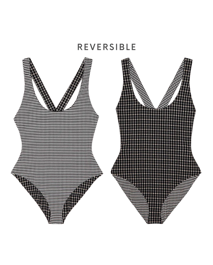 The Reversible Cross-Back One Piece both sides laid flat