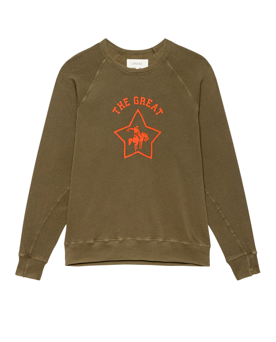 The college sweatshirt rodeo star army green flat lay with a white background