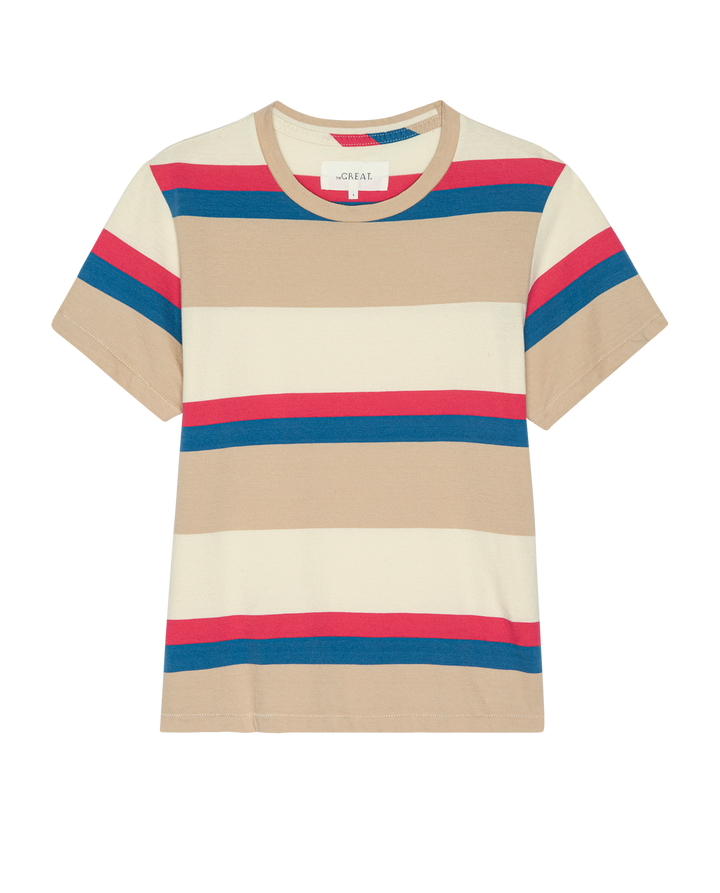 Beige t-shirt with red and blue stripes on a white background