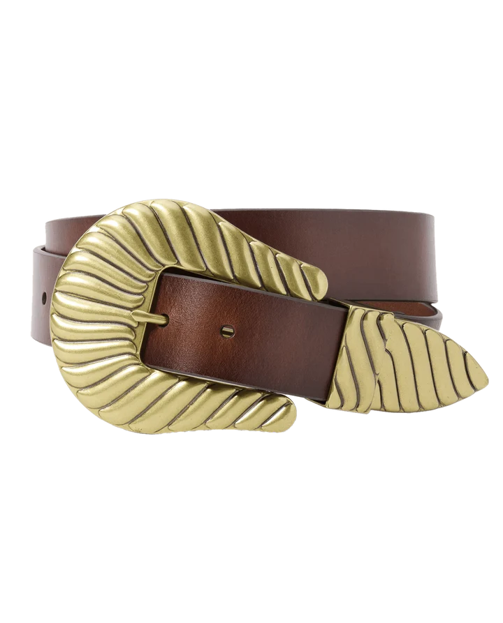 Brown belt with a large gold buckle on a white background