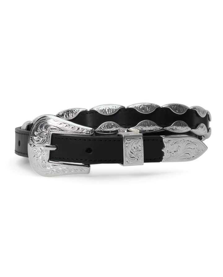 A black leather belt with an ornate silver-toned engraved buckle and matching engraved keeper, displayed on a clean white background.