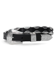 A black leather belt with an ornate silver-toned engraved buckle and matching engraved keeper, displayed on a clean white background.
