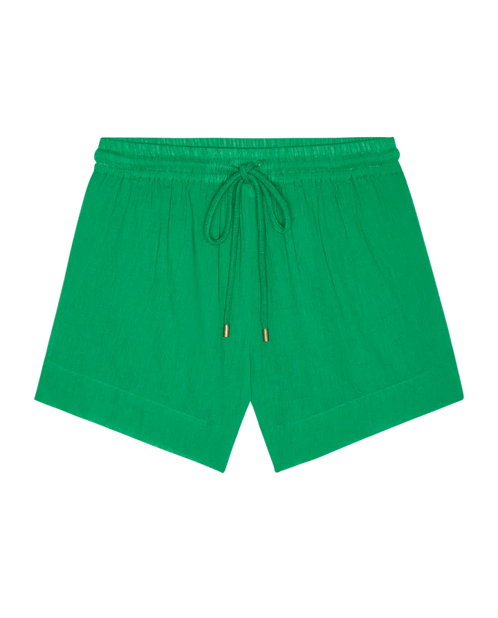 Green shorts with a drawstring on a white background