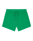 Green shorts with a drawstring on a white background
