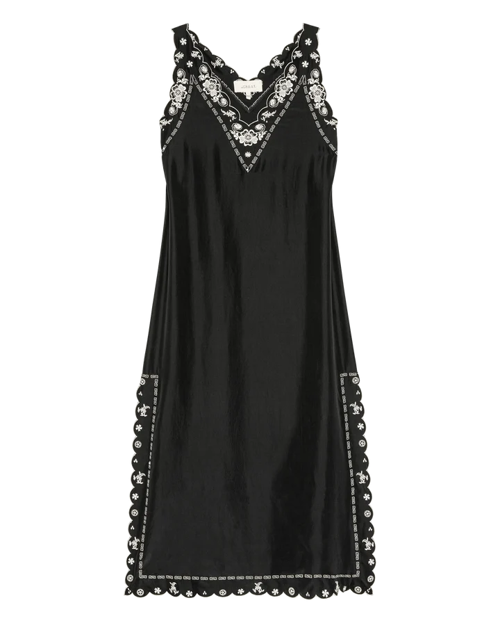 A black satin slip dress with white floral lace trim along the V-neckline and side borders, shown against a plain white background.