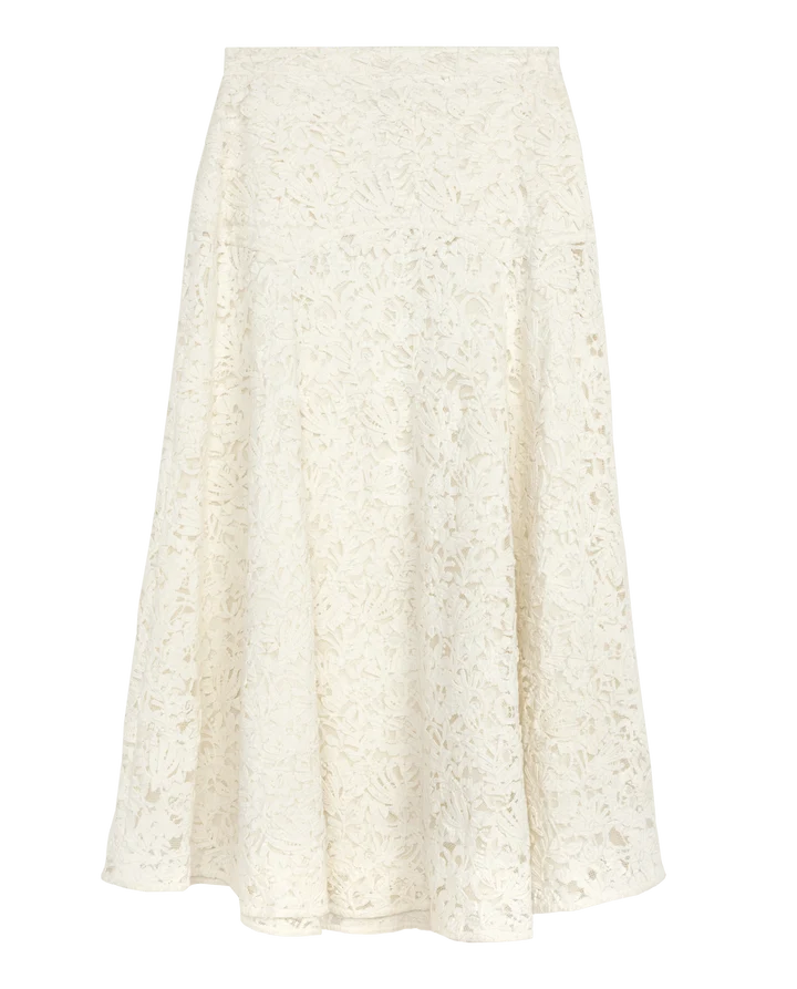An off-white floral lace midi skirt with a flared A-line silhouette, shown against a plain white background.