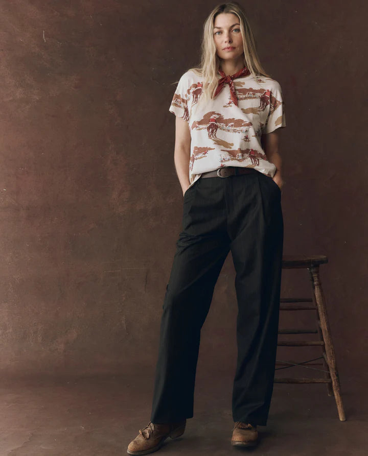 The Boxy Crew Tee in riding horses print full body