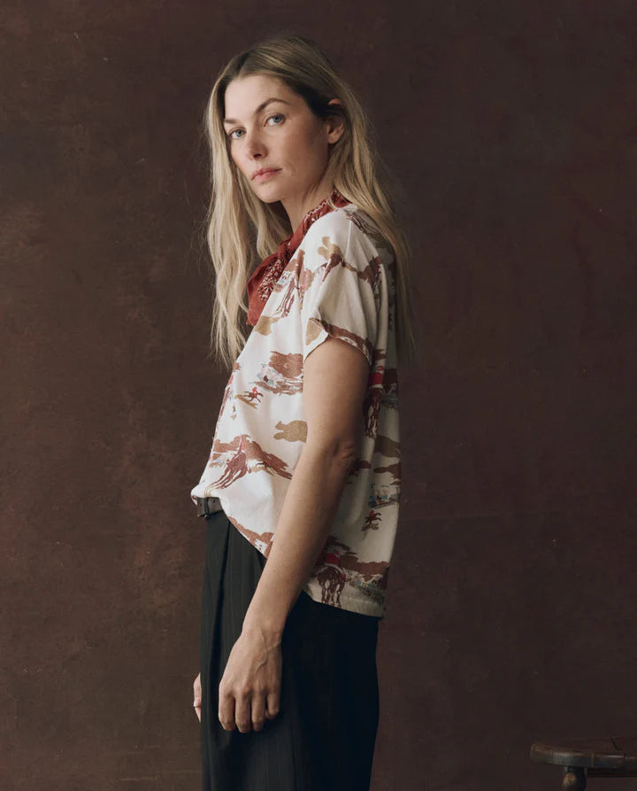 The Boxy Crew Tee in riding horses print side