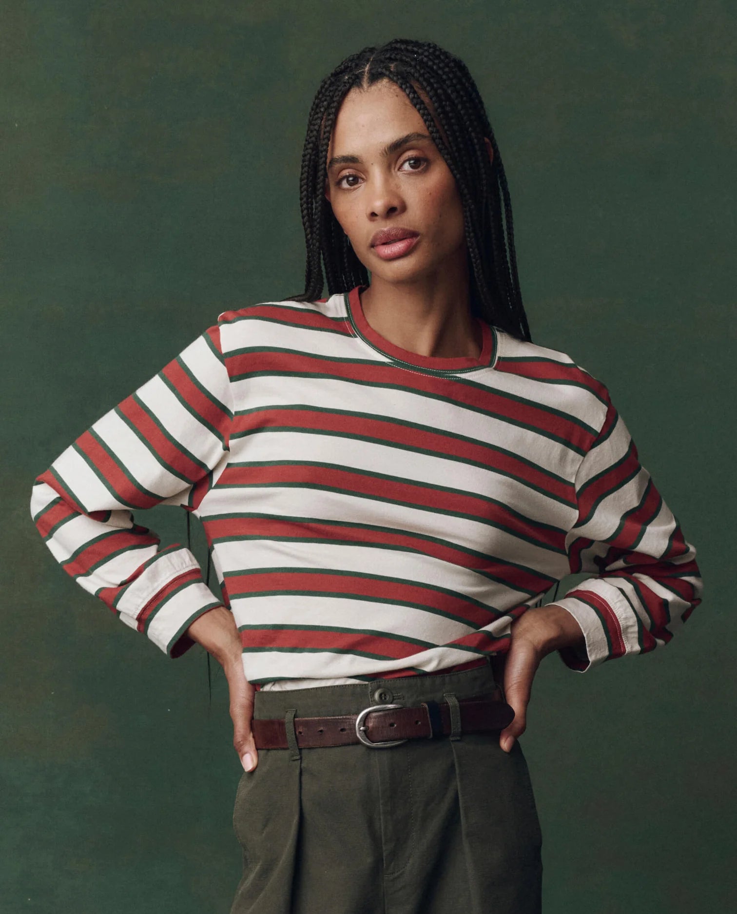 The Campus Crew Cream and Bridle Stripe front