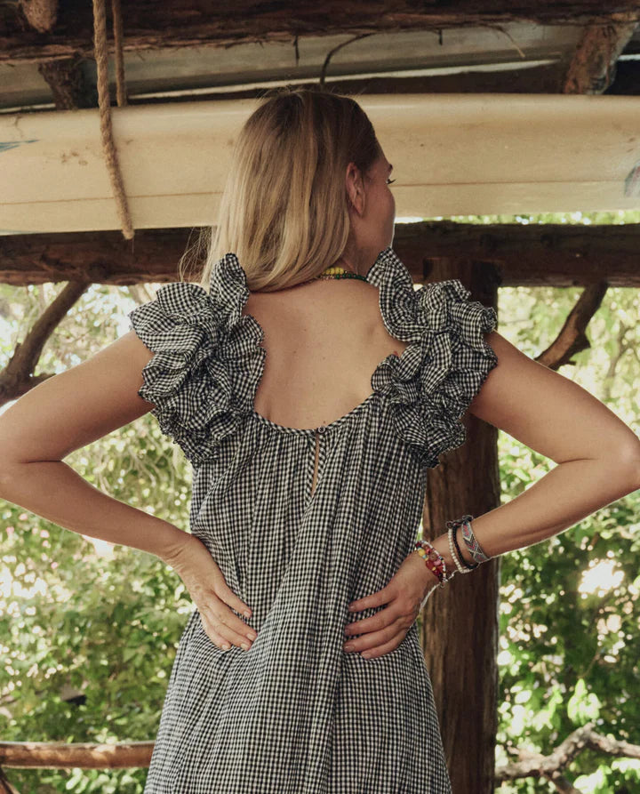 The Ruffle Coverup Black and Cream Check close up back