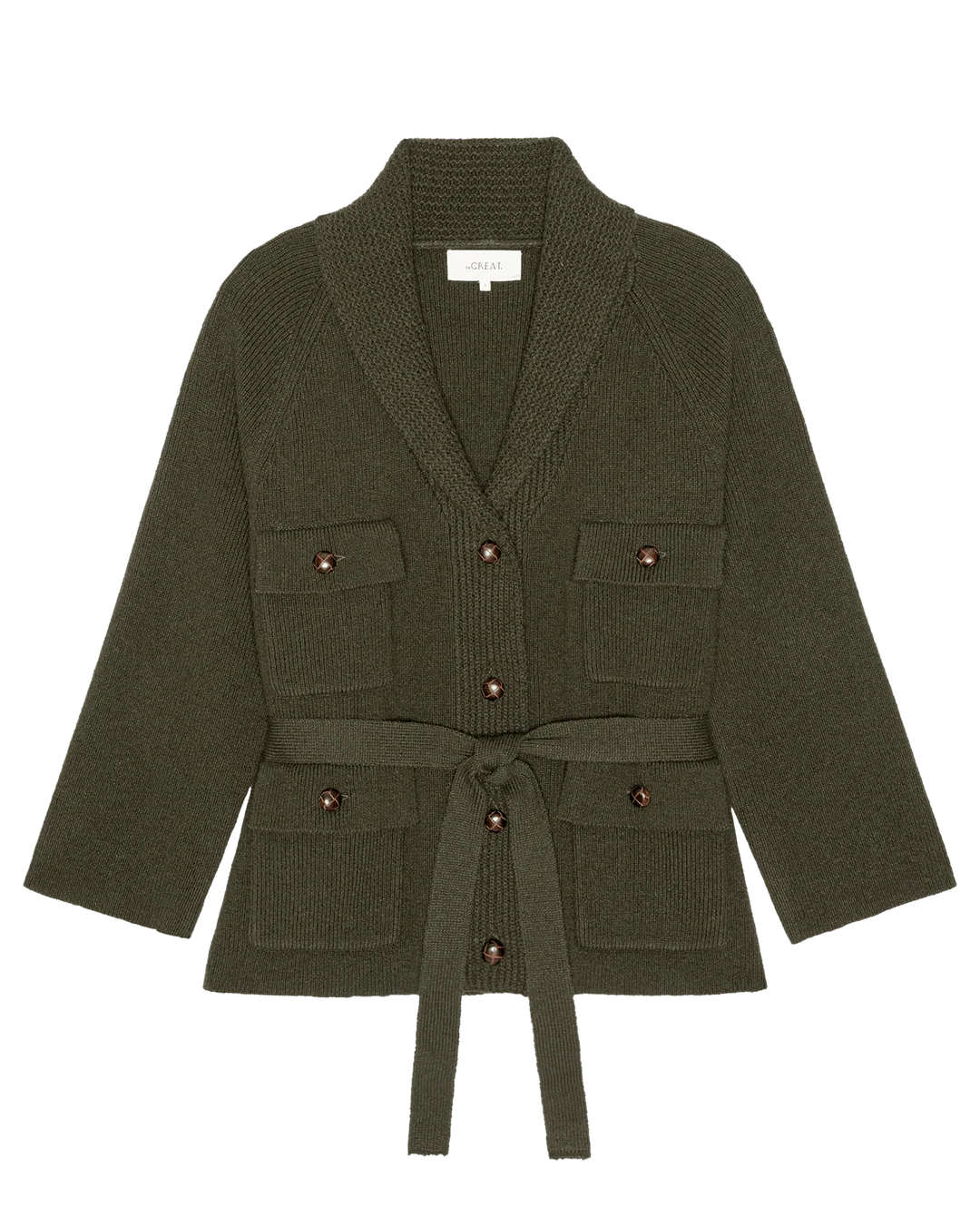 An olive green knit cardigan with a shawl collar, front button closure, two chest flap pockets, two lower patch pockets, and a matching waist tie, shown on a plain white background.