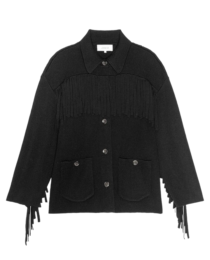 A black ribbed knit cardigan featuring fringe detailing across the chest and along the sleeve cuffs, with a button-down front and two front patch pockets.