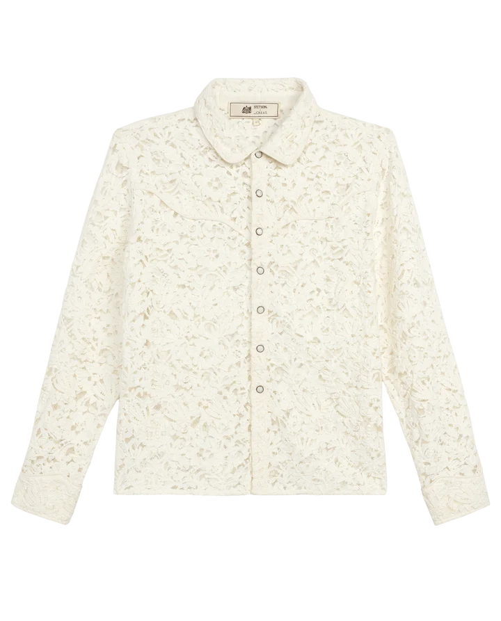 An off-white floral lace long-sleeve button-up shirt with a pointed collar, displayed flat against a solid white background.