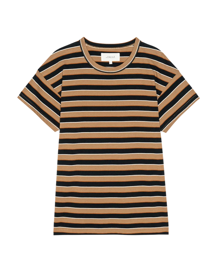 A short-sleeve crewneck t-shirt featuring horizontal stripes in black, tan, and cream, laid flat against a solid white background.