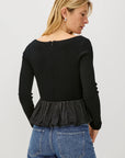 Person wearing a black long-sleeve top with a peplum waist and blue jeans on a white background back view